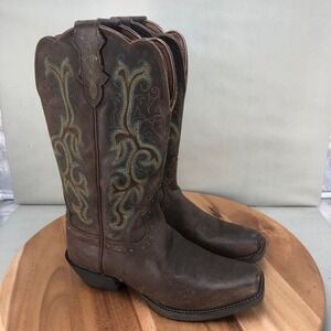 Justin Boots Brown Leather Western Cowboy Boots with Teal & Yellow Embroidery